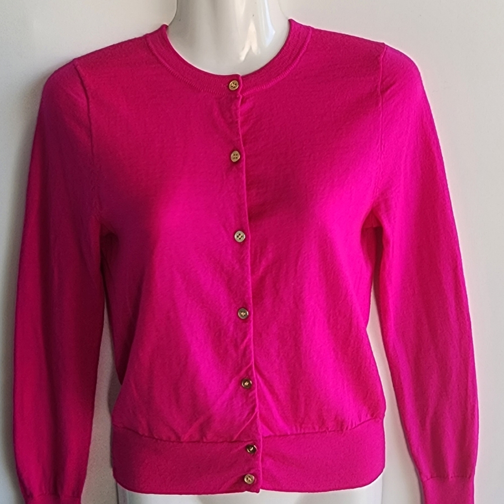 J. Crew Cardigan Wool Crew Neck Button Front Sweater Fushia Pink